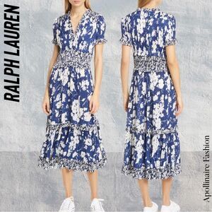 POLO RALPH LAUREN FLORAL TIERED RUFFLED MIDI DRESS SIZE 6 IN BLUE AND WHITE NWT